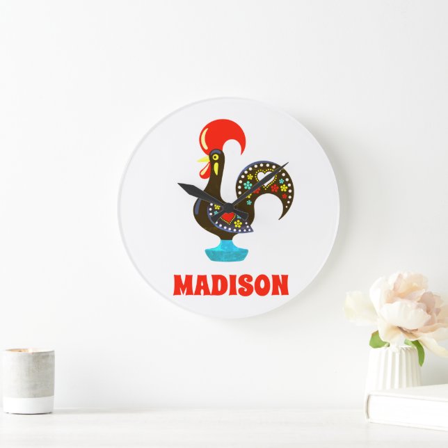 Reloj Redondo Grande Nombre personalizado Barcelos Rooster portugués ne (Hogar)