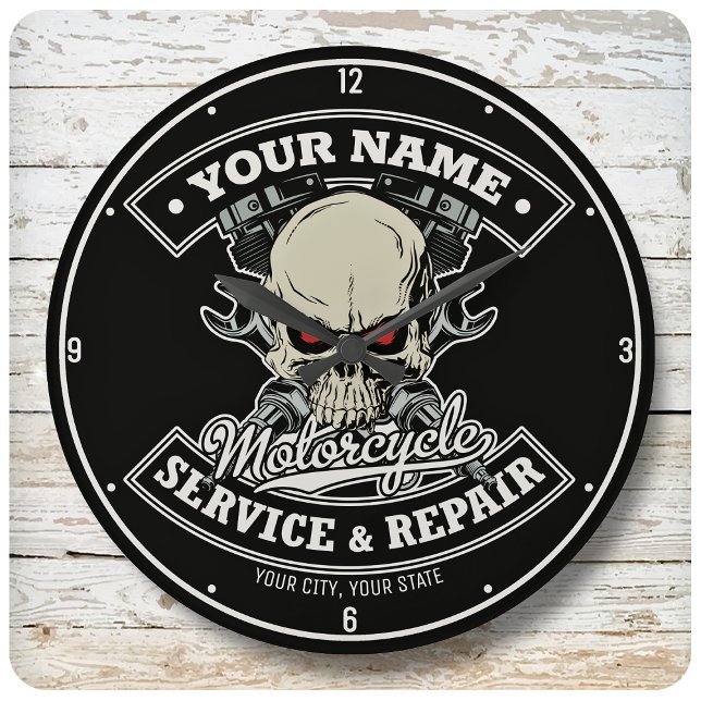 Reloj Redondo Grande NOMBRE Personalizado Biker Mechanic Skull Motorcyc (Subido por el creador)