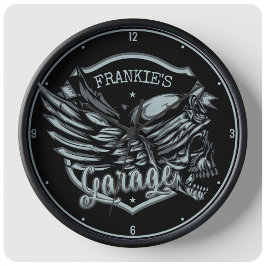 Reloj Redondo Grande NOMBRE Personalizado Biker Skull Wings Motorcycle 