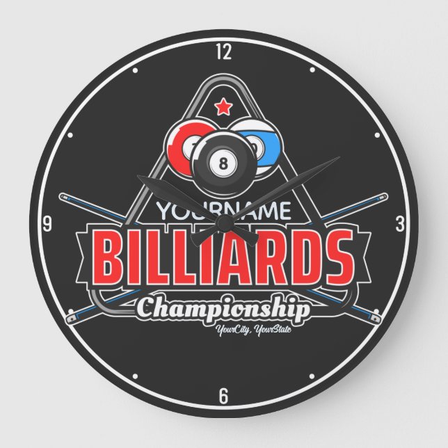 Reloj Redondo Grande NOMBRE Personalizado Billiards 8 Ball Pool Cue Rac (Anverso)
