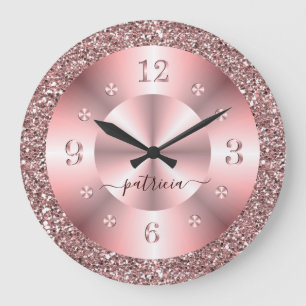 Reloj Redondo Grande Nombre Personalizado Brillante con Glitter de Oro 