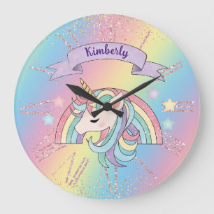 Reloj Redondo Grande Nombre personalizado con unicornio y arcoíris bril