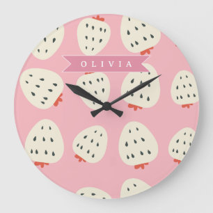 Reloj Redondo Grande Nombre Personalizado de Fresa Rosa Lindo para Chic
