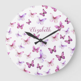 Reloj Redondo Grande Nombre personalizado de mariposas rosadas de bonit