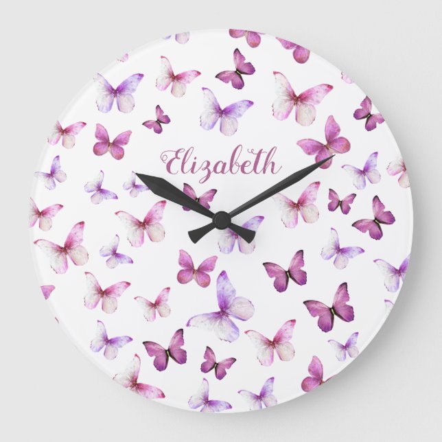 Reloj Redondo Grande Nombre personalizado de mariposas rosadas de bonit (Anverso)
