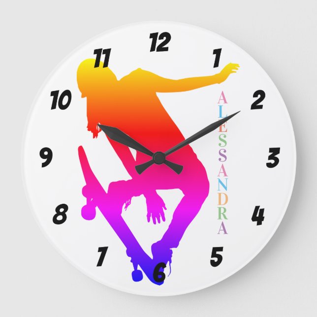 Reloj Redondo Grande Nombre personalizado de Skateboarder (Anverso)