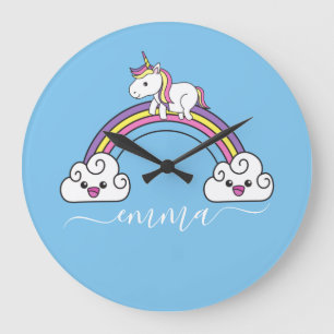Reloj Redondo Grande Nombre personalizado de Unicornio arcoiris