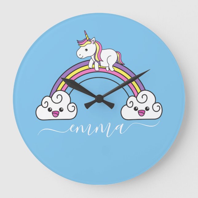 Reloj Redondo Grande Nombre personalizado de Unicornio arcoiris (Anverso)