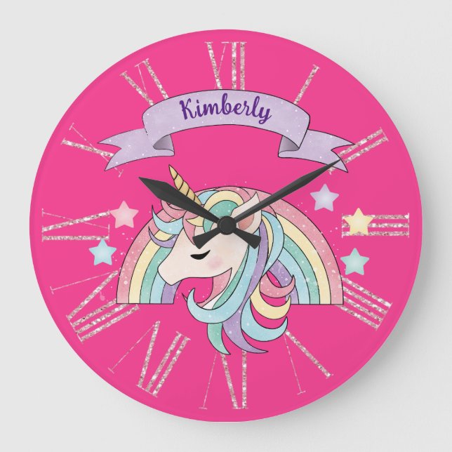 Reloj Redondo Grande Nombre personalizado de Unicornio y Sparkly Rainbo (Anverso)