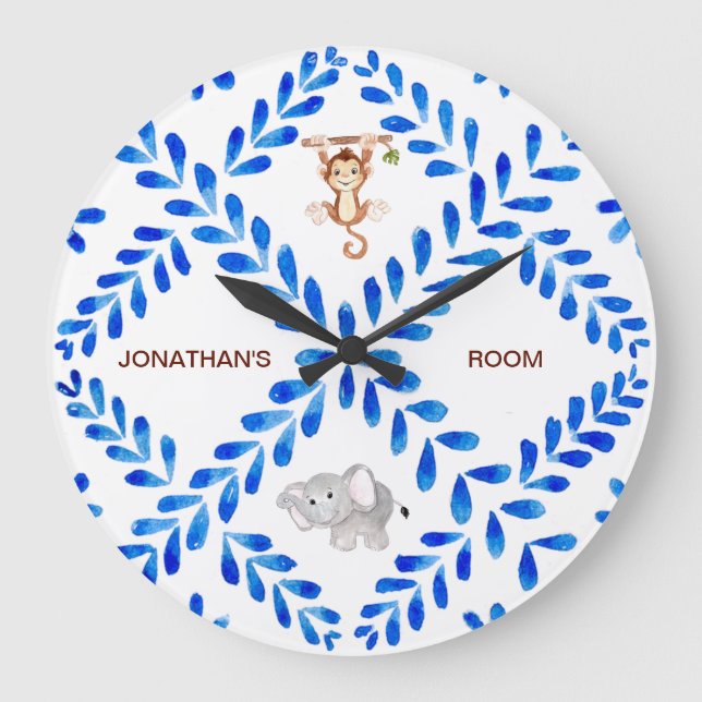 Reloj Redondo Grande Nombre personalizado del elefante de mono blanco y (Anverso)