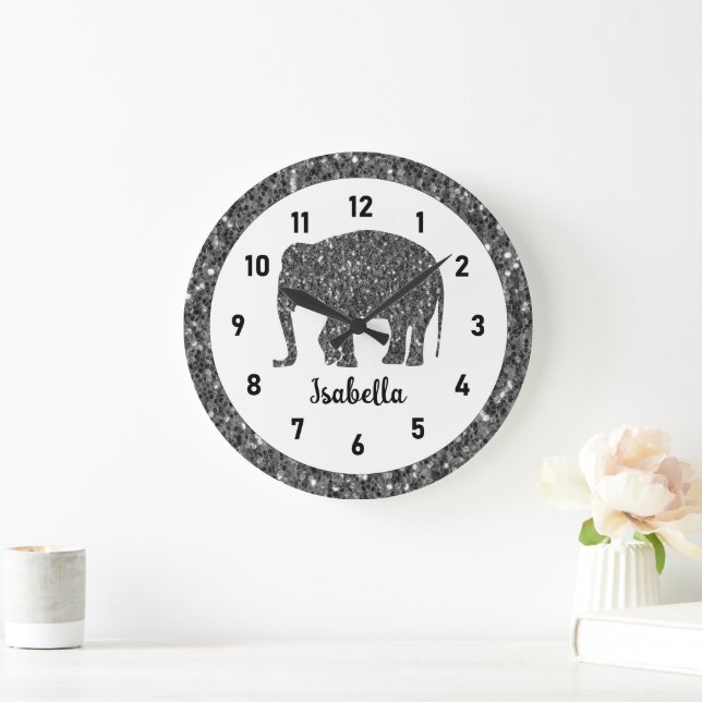 Reloj Redondo Grande Nombre personalizado del elefante gris parduzco (Hogar)