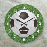 Reloj Redondo Grande Nombre personalizado del fútbol de fútbol<br><div class="desc">Reloj de fútbol de nombre personalizado. Diseñado por Thisisnotme©</div>