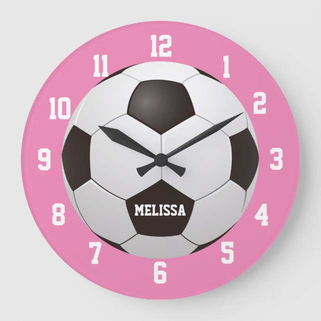 Reloj Redondo Grande Nombre personalizado del fútbol de fútbol rosado (Anverso)