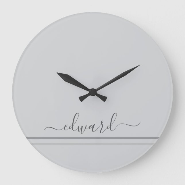 Reloj Redondo Grande Nombre personalizado gris claro (Anverso)