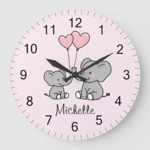 Reloj Redondo Grande Nombre personalizado Materna elefante cute y rosa