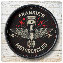Reloj Redondo Grande NOMBRE Personalizado Motocicleta Piston Wings Bike