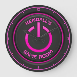 Reloj Redondo Grande NOMBRE personalizado Neon Power Button Game Room R