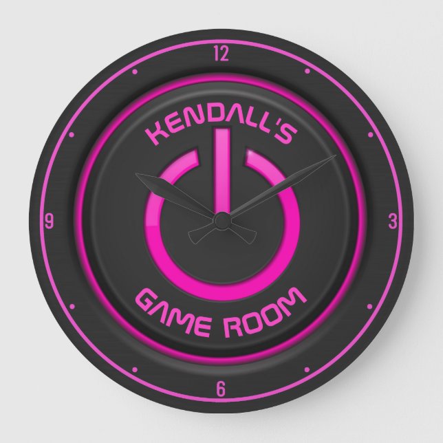 Reloj Redondo Grande NOMBRE personalizado Neon Power Button Game Room R (Anverso)