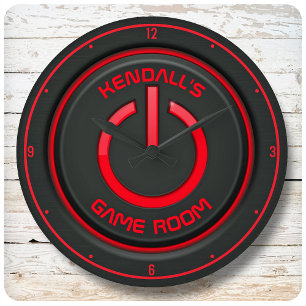 Reloj Redondo Grande NOMBRE personalizado Neon Power Button Game Room R