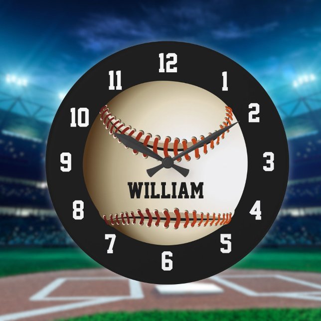 Reloj Redondo Grande Nombre personalizado personalizado del béisbol (Baseball Personalized Custom Name Large Clock)