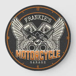 Reloj Redondo Grande NOMBRE personalizado Pistons Wings Motorcycle Bike