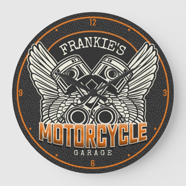 Reloj Redondo Grande NOMBRE personalizado Pistons Wings Motorcycle Bike (Anverso)