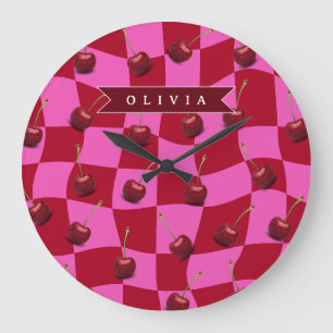 Reloj Redondo Grande Nombre Personalizado Retro Cuadros de Cereza Perso