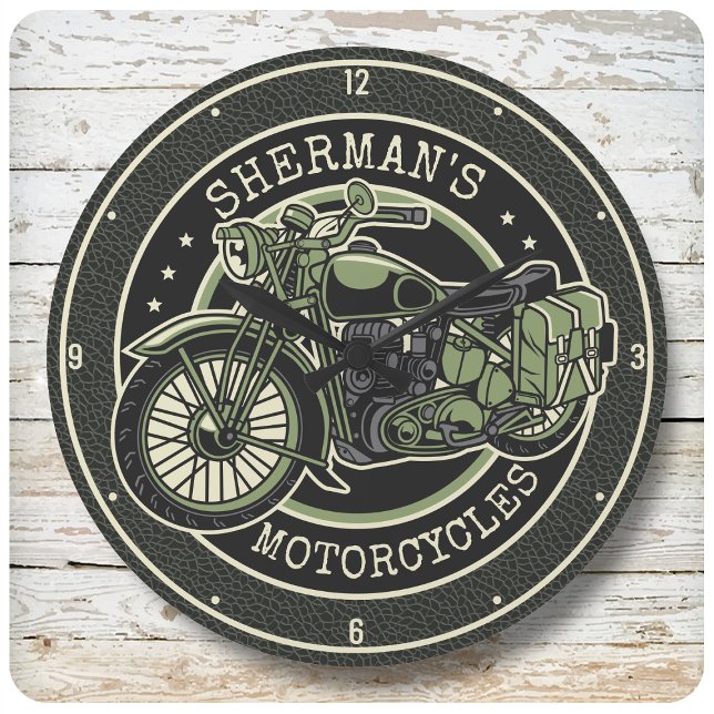 Reloj Redondo Grande NOMBRE personalizado Retro motociclista militar (Subido por el creador)