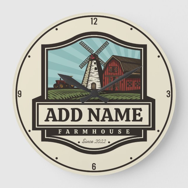 Reloj Redondo Grande NOMBRE Personalizado Rústico Farmhouse Old Windmil (Anverso)