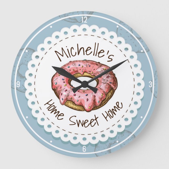 Reloj Redondo Grande NOMBRE personalizado Viejo Donut Sweet Home (Anverso)