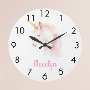 Reloj Redondo Grande Nombre rosa blanco unicornio