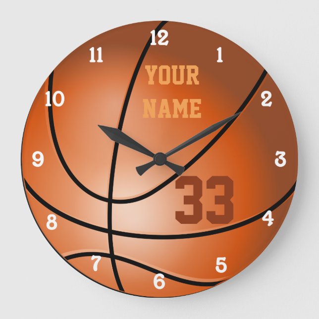 Reloj Redondo Grande Nombre y número personalizados del baloncesto (Anverso)