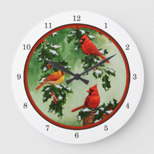 Reloj Redondo Grande Northern Red Cardinals and Holly