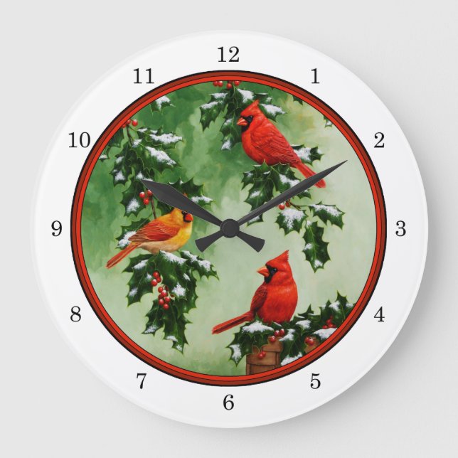 Reloj Redondo Grande Northern Red Cardinals and Holly (Anverso)