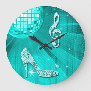 Reloj Redondo Grande Nota Musical y Tacón de Aguja Brillantoso Turquesa