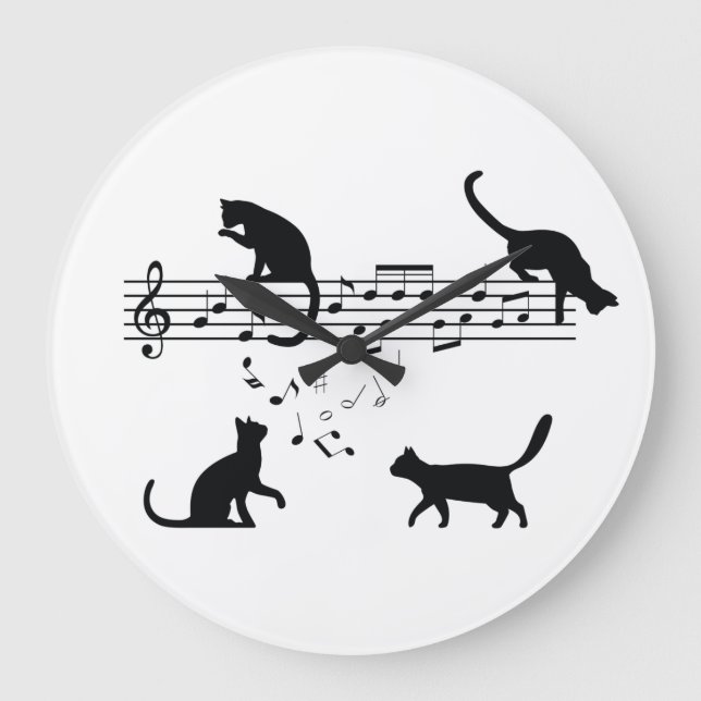 Reloj Redondo Grande Notas de música de reproducción de gatos (Anverso)