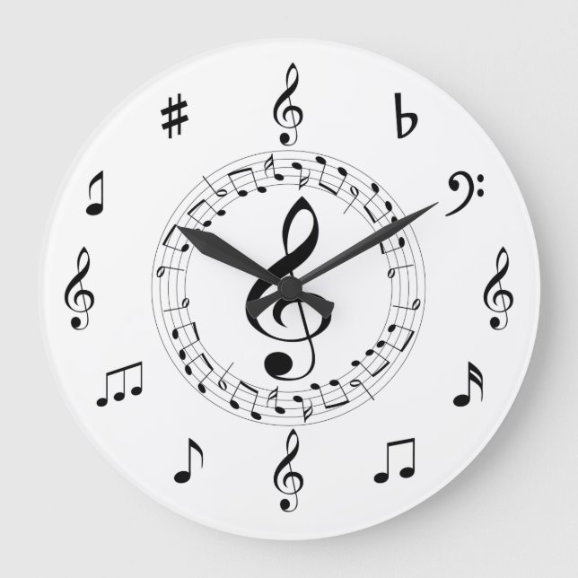 Reloj Redondo Grande Notas de música, estilo, negro y blanco (Anverso)