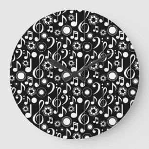 Reloj Redondo Grande Notas de música y Clefs - Blanco sobre negro