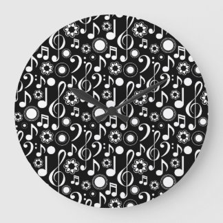 Reloj Redondo Grande Notas de música y Clefs - Blanco sobre negro