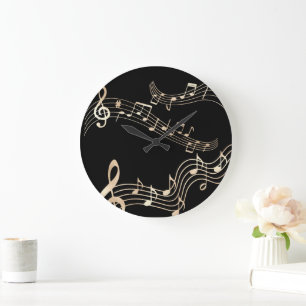 Reloj Redondo Grande Notas musicales de oro sobre negro medio