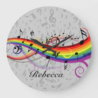 Reloj Redondo Grande Notas musicales del arco iris negro sobre gris