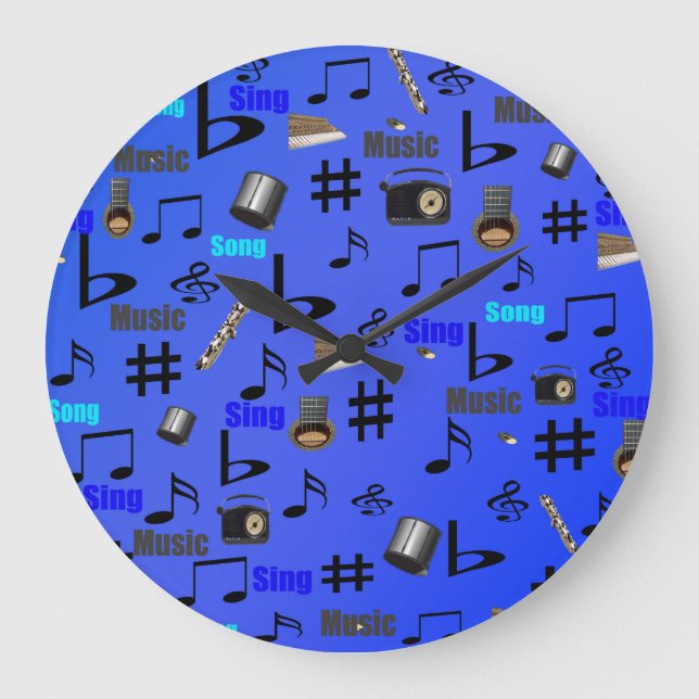 Reloj Redondo Grande Notas Musicales E Instrumentos Azules, (Anverso)