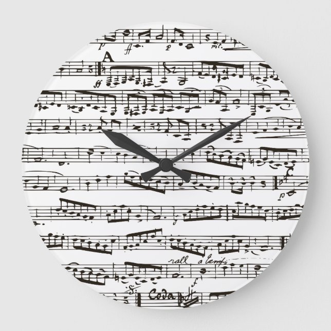 Reloj Redondo Grande Notas musicales en blanco y negro (Anverso)