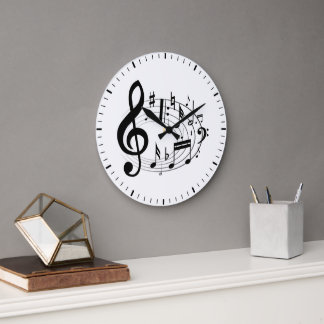 Reloj Redondo Grande Notas musicales negras en forma oval