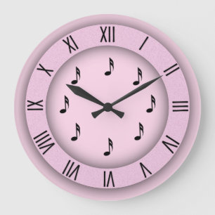 Reloj Redondo Grande Notas musicales rosadas con números romanos