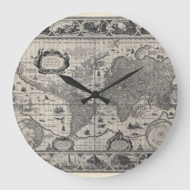 Reloj Redondo Grande Nova totius terrarum, 1606 Antique World Map (Anverso)