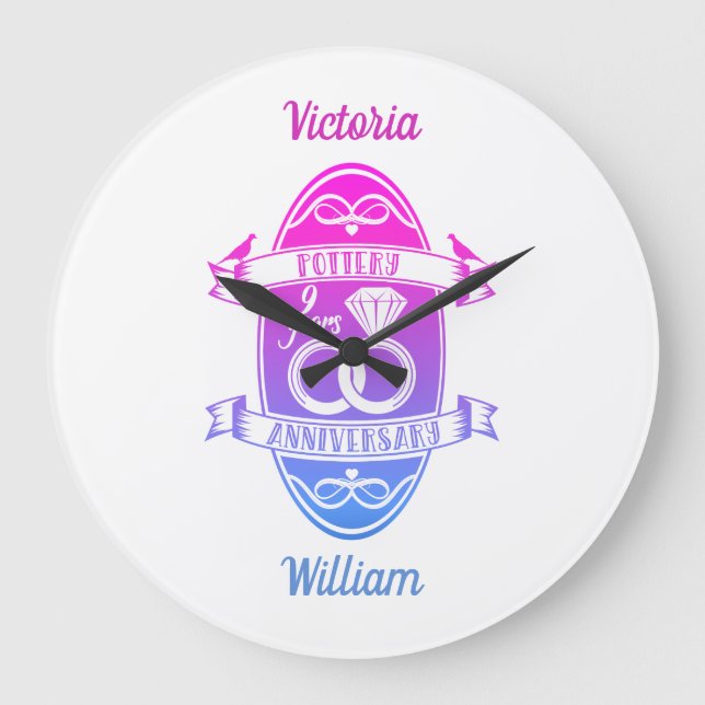 Reloj Redondo Grande Noveno aniversario boda cerámica tradicional (Anverso)