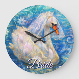 Reloj Redondo Grande Novia cisne con velo en agua azul blanco personali