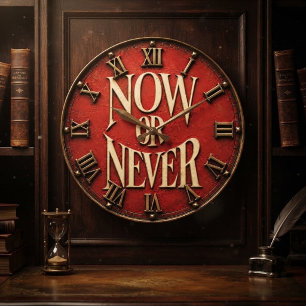 Reloj Redondo Grande Now or Never Motivational Inspirational Typography