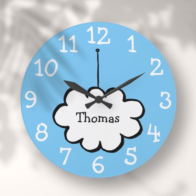 Reloj Redondo Grande Nube en una cuerda con nombre personalizado  (Cloud on a String Personalized Name Large Clock)